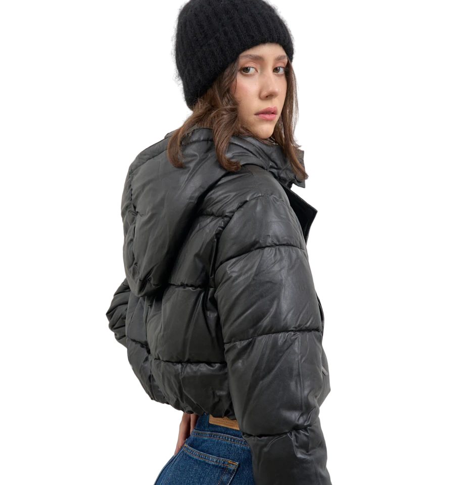 Relish ALBADAH women&#39;s faux leather down jacket with detachable hood plus zip and drawstring. Black