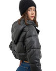 Relish ALBADAH women's faux leather down jacket with detachable hood plus zip and drawstring. Black