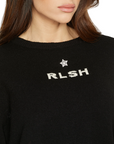 Relish short sweater with long sleeves with jacquard logo and star brooch with black Frida rhinestones
