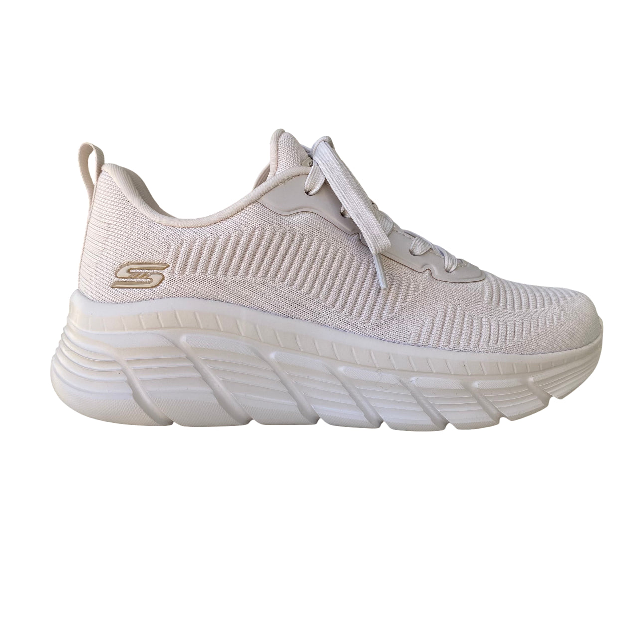 Sneakers donna Skechers BOBS Sport B Flex Hi bianco sporco vista laterale con tomaia in maglia e logo BOBS Sport