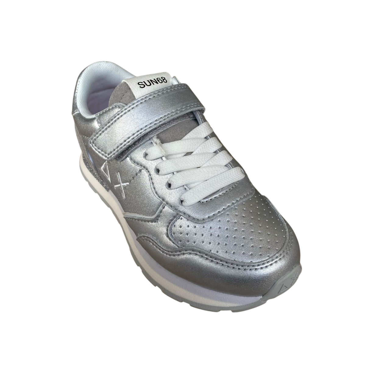 Sportiamo_Sun68 scarpa sneakers in pelle con laccio elastico e stappo da bambina Big Ally Z35408K 44 argento2