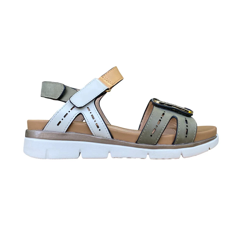 Sandalo donna Stonefly Elody 24 con fasce velcro in colore verde e bianco, modello 220834-BSE, calzatura estiva comoda con plantare anatomico - destra