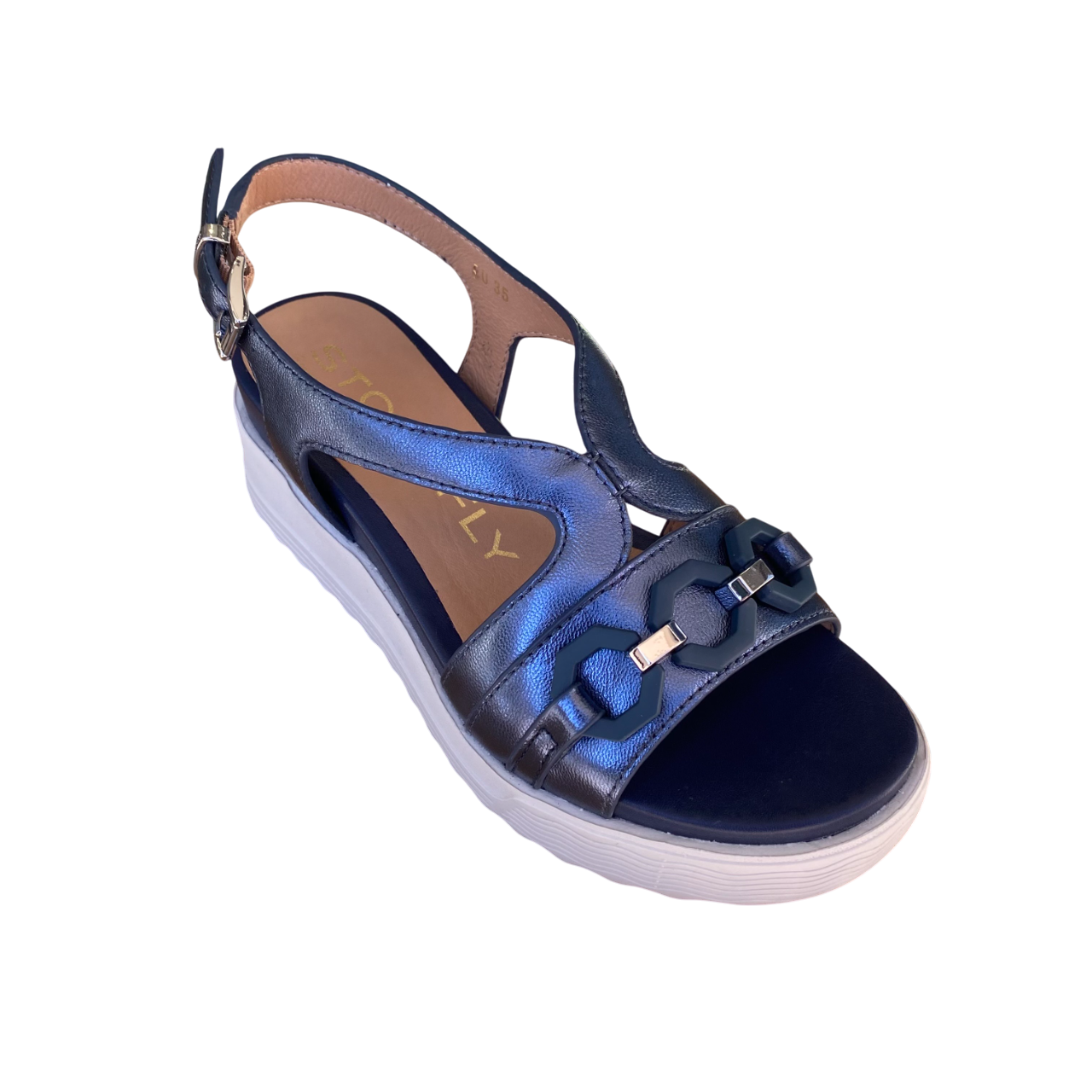 Stonefly sandalo da donna in pelle laminata con zeppa Parky 31 222407 100 blu