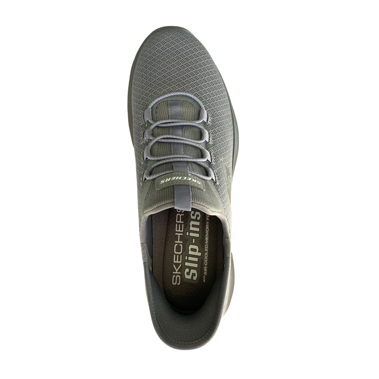 Dettaglio tomaia Skechers Summits High Range Vegan grigia in materiali sostenibili premium senza derivati animali