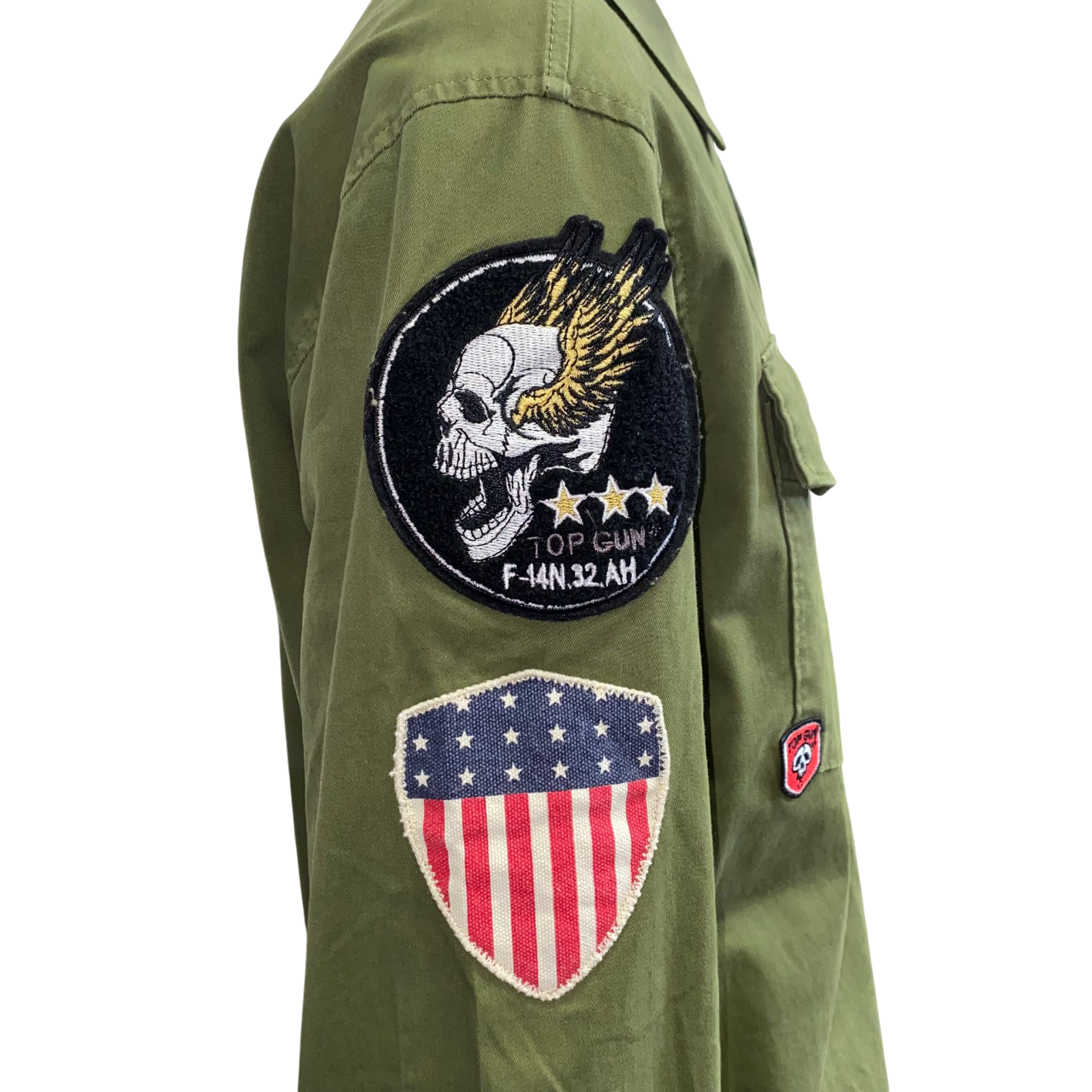 Camicione verde militare Top Gun da uomo con toppe ricamate decorative, design oversize, tasche frontali e dettagli ispirati allo stile aviatore - laterale 