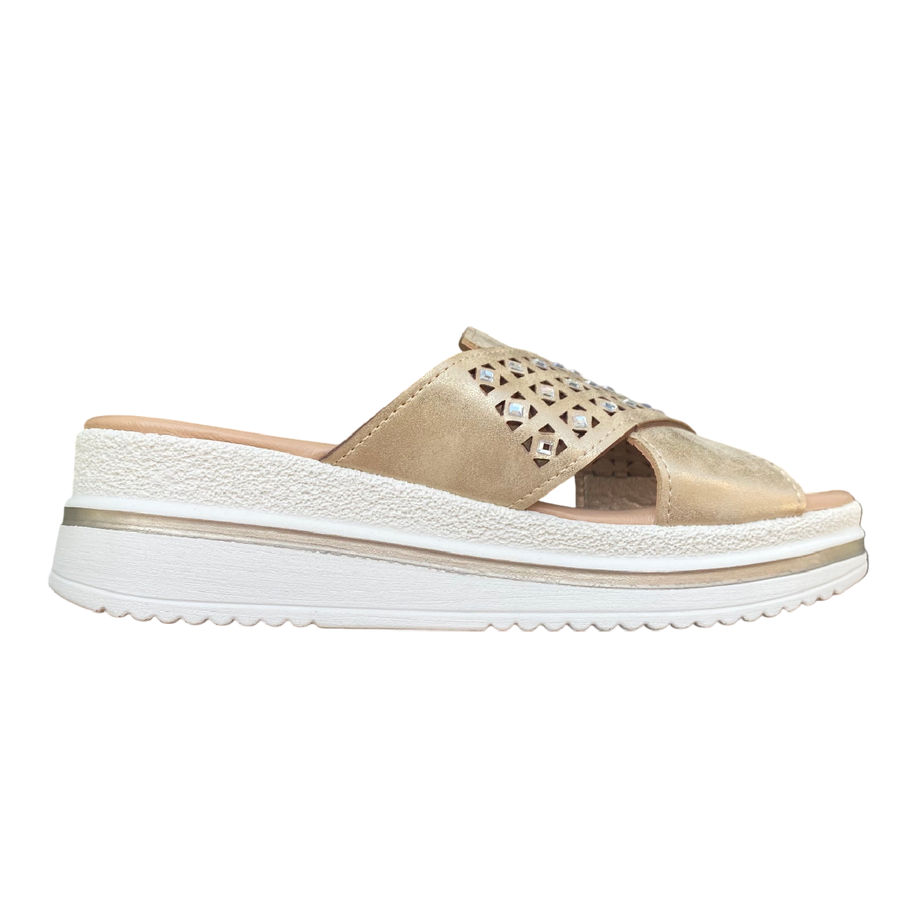 Valleverde sandalo ciabatta da donna con fascia unica effetto incrocio con strass e taglio geometrico. V55100 oro