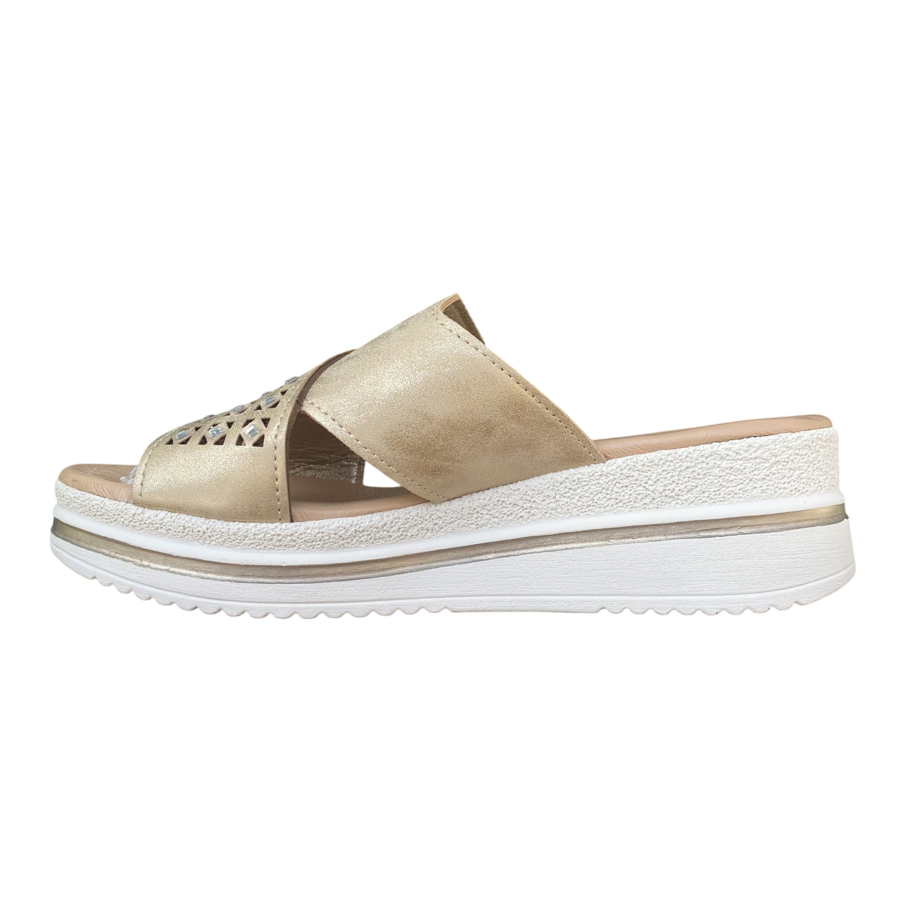 Valleverde sandalo ciabatta da donna con fascia unica effetto incrocio con strass e taglio geometrico. V55100 oro