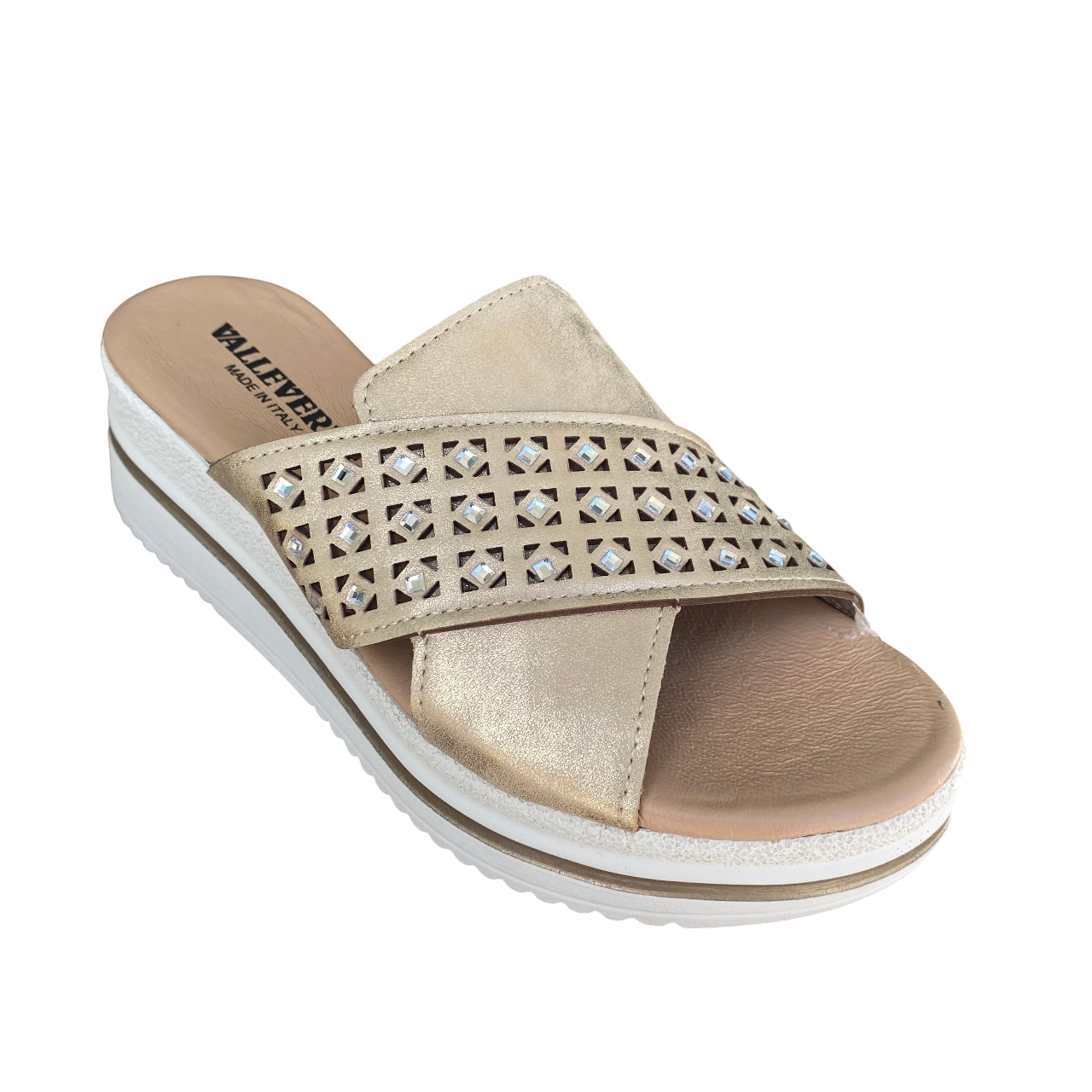 Valleverde sandalo ciabatta da donna con fascia unica effetto incrocio con strass e taglio geometrico. V55100 oro
