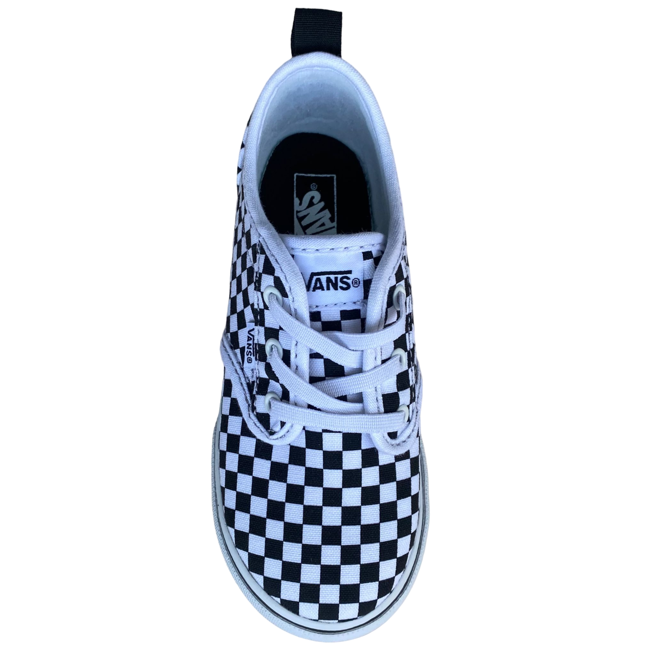 Vista dall'alto checkerboard Vans Atwood Slip-On Junior VN0A2XSPHRK, motivo scacchi bianco-nero per kids