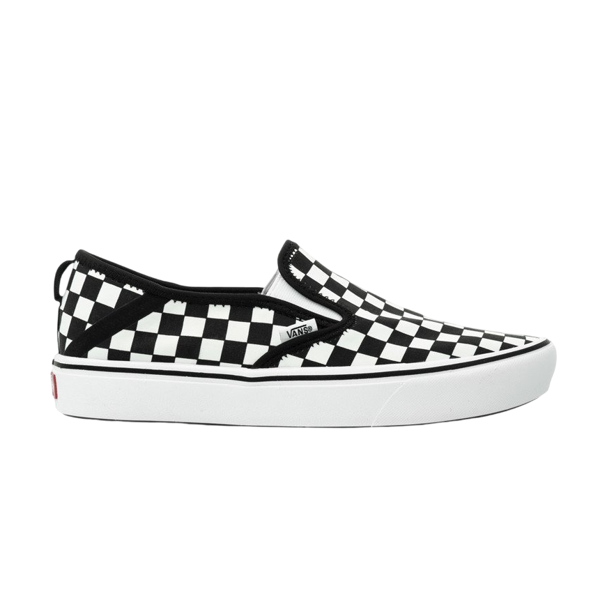Sneakers Vans Comfycush Slip-On VN0A3WME5GU1 bianche a scacchi neri con pattern checkerboard iconico, vista esterna