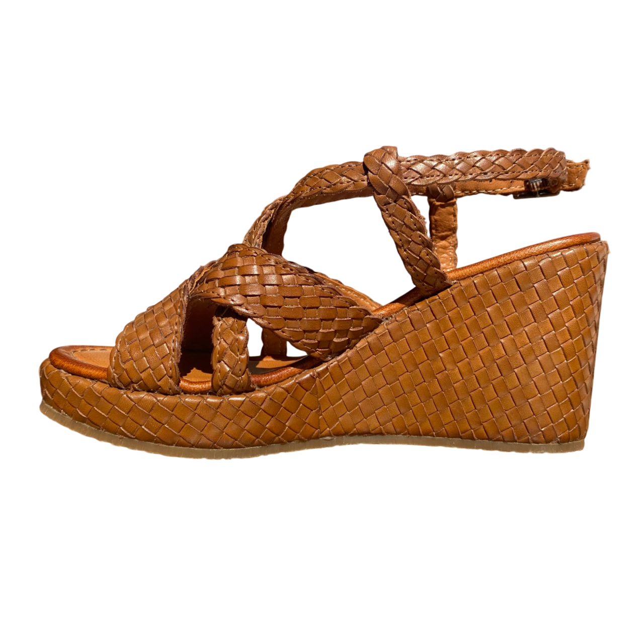 Sandalo da donna Vueva WD319R24 terra 311 cognac intrecciato con zeppa, vista laterale interna