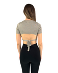 XT Studio Short women's sweater with delux and knotted on the back. Fog color