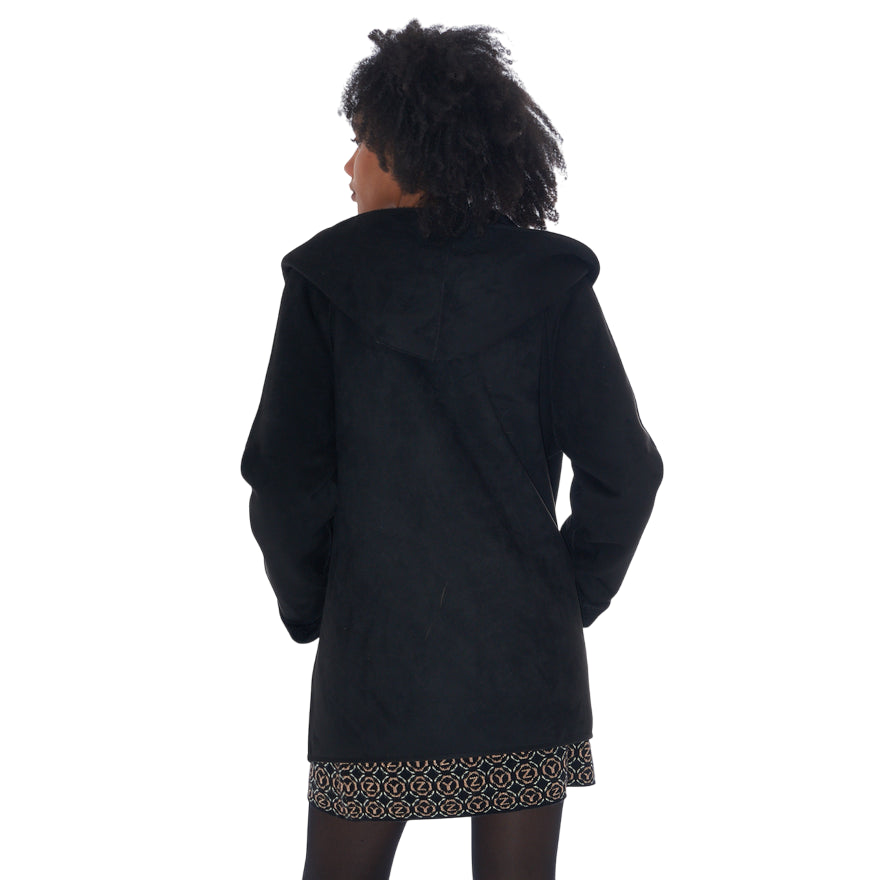 Yes Zee 1444 O026 0801 Nero - Cappotto reversibile donna ecopelliccia - posteriore indossato 
