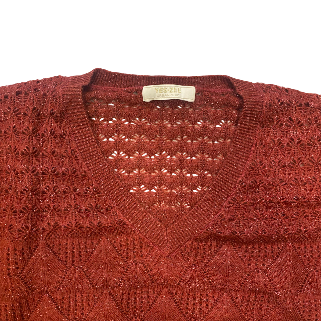 Yes Zee Maglia Donna Scollo V Glitter Lavorata 1398 M019 0580 rosso borgogna - Scollo a V