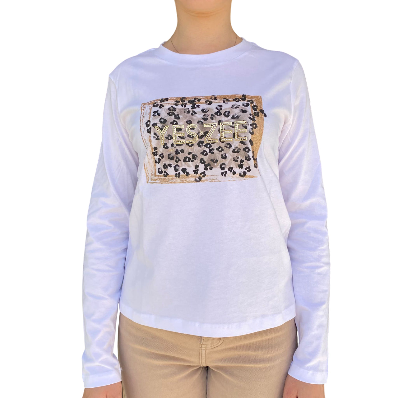 Yes Zee Maglietta Donna 1461 Brillantini - T-Shirt Gesso Vista Frontale