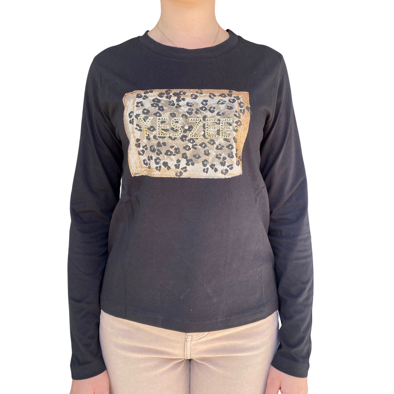 Yes Zee Maglietta Donna 1461 Brillantini - T-Shirt Nera Vista Frontale