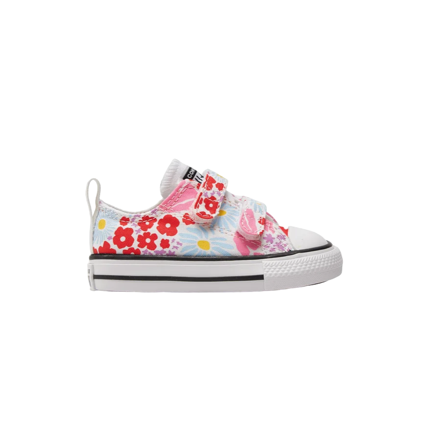 converse scarpa sneakers da bambina con 2 strappi a fantasia fiori A06340C bianco-celeste-rosa