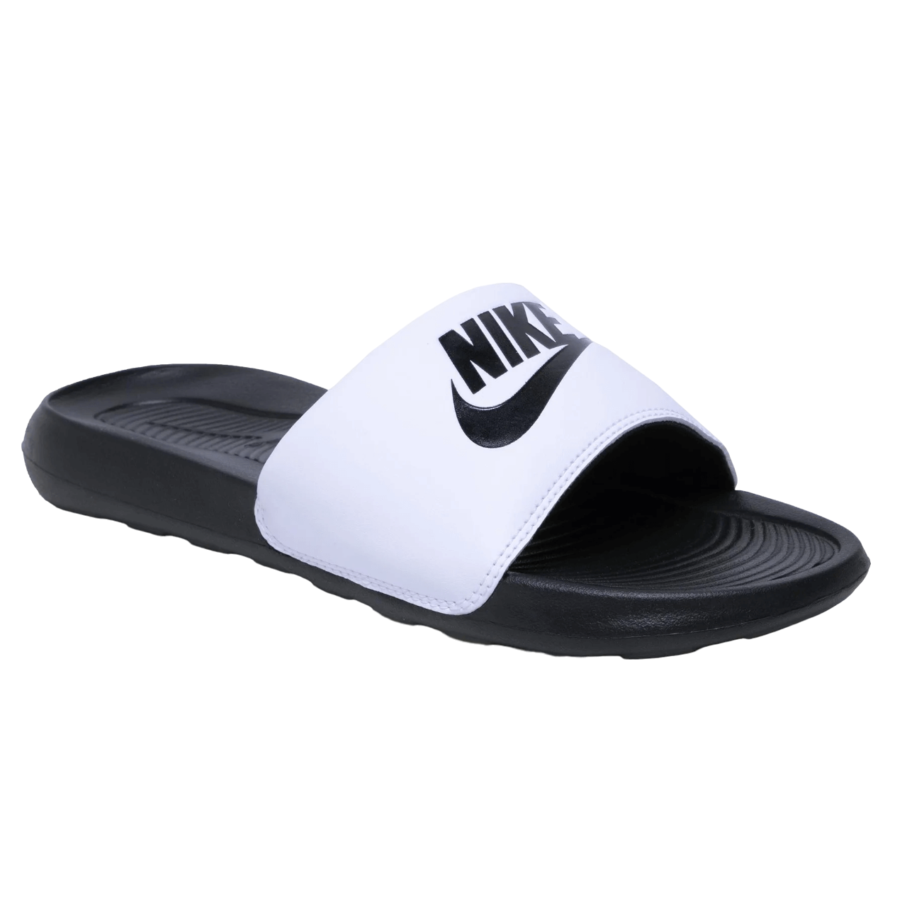 Nike Victori One Slide CN9675 005 ciabatte mare/piscina nero-bianco con iconico logo Swoosh, vista dall'alto