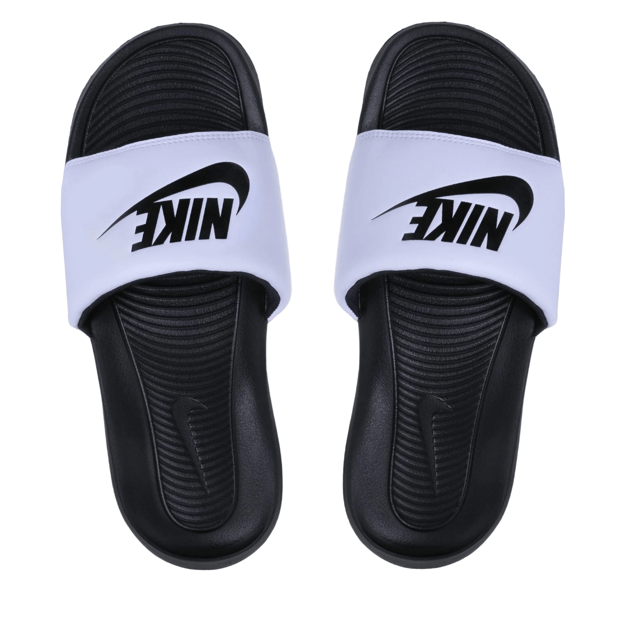 Nike Victori One Slide CN9675 005 ciabatte mare/piscina nero-bianco con iconico logo Swoosh, vista dall'alto coppia