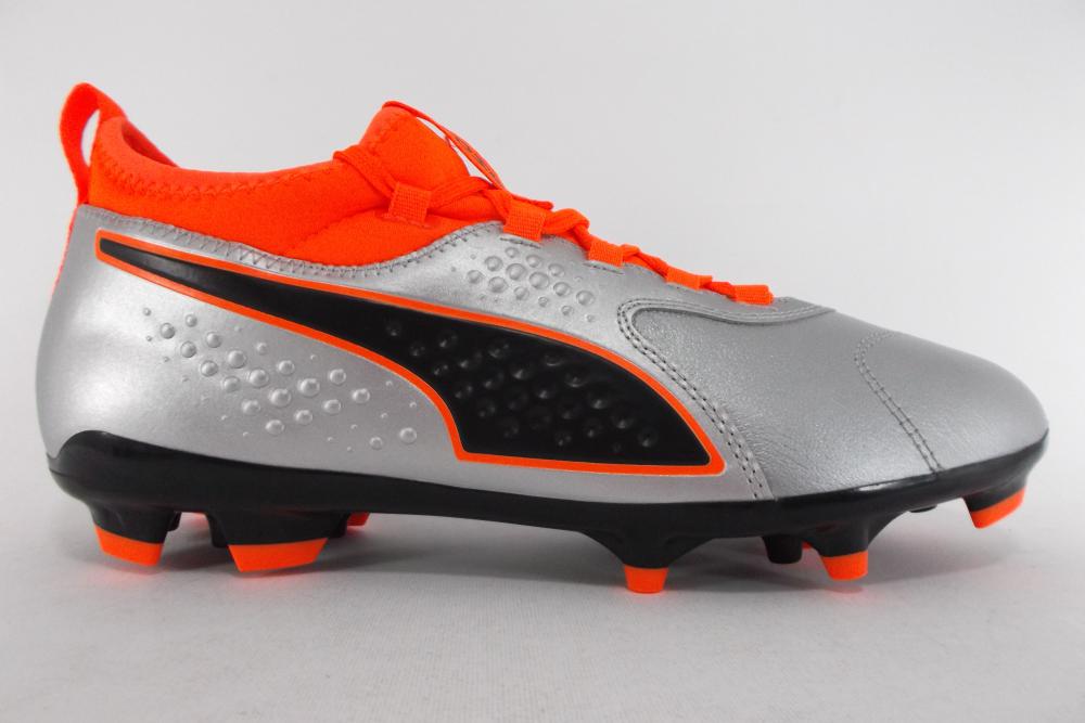 Puma men&#39;s leather football boot with sock One 3 AG 104762 01 silver orange black