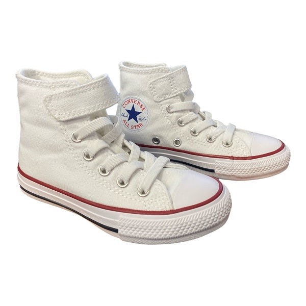 Sneakers Converse Chuck Taylor All Star 372884C bianche per bambini con laccio elastico, vista laterale/frontale/suola