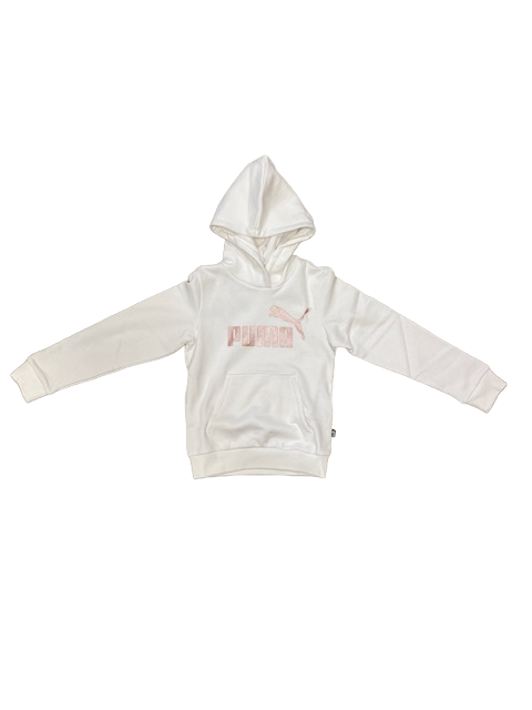 Puma Girls&#39; sweatshirt with hood and pouch pocket ESS+ 2 large logo print 670310 12 white pink