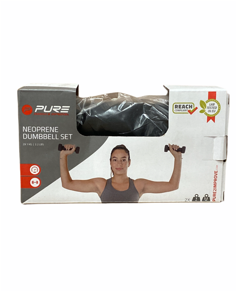 Set manubri in neoprene Pure 2Improve 2x1kg nero antiscivolo per home fitness e tonificazione, modello P2I201390, scatola