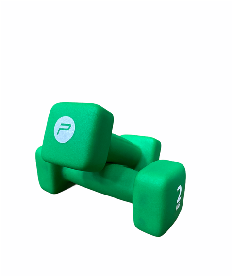 Set manubri in neoprene Pure 2Improve 2x2kg verde antiscivolo per allenamento intermedio e progressione fitness, modello 2P2I201400, logo