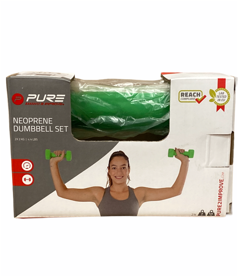 Set manubri in neoprene Pure 2Improve 2x2kg verde antiscivolo per allenamento intermedio e progressione fitness, modello 2P2I201400, scatola