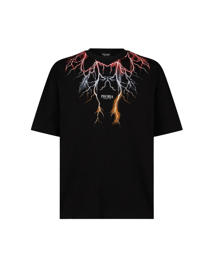 Phobia T-shirt unisex nera con fulmini rossi grigi arancioni PH00106REDGROR
