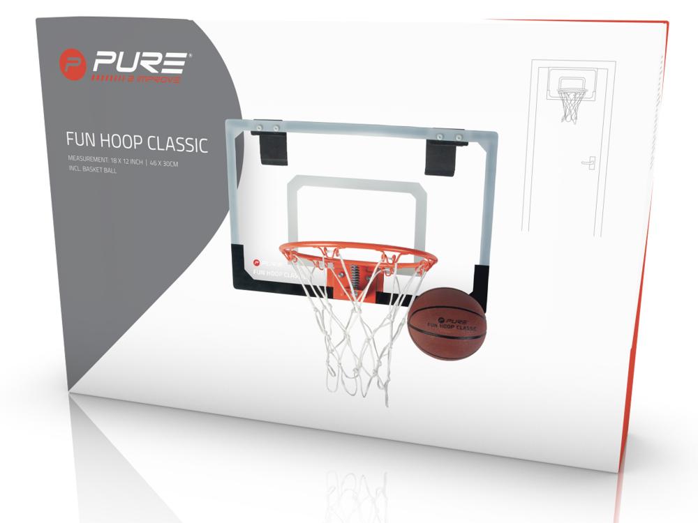 Canestro basket mini Pure 2Improve Fun Hoop Classic P2I100210 montato sopra porta con tabellone e pallone, scatola