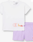 Champion Girls' outfit Legacy American Classics logo T-shirt + Shorts 404686 WW001 WHT white-lavender