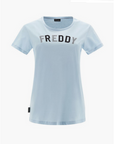 Freddy T-shirt da donna stampa college in strass cristallo e glitter nero S3WCXT2 C66 winter sky