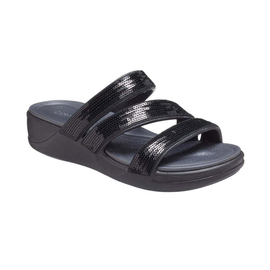 Crocs women&#39;s sandal Boca Sequin Strappy Wedge W 207645-BLK black